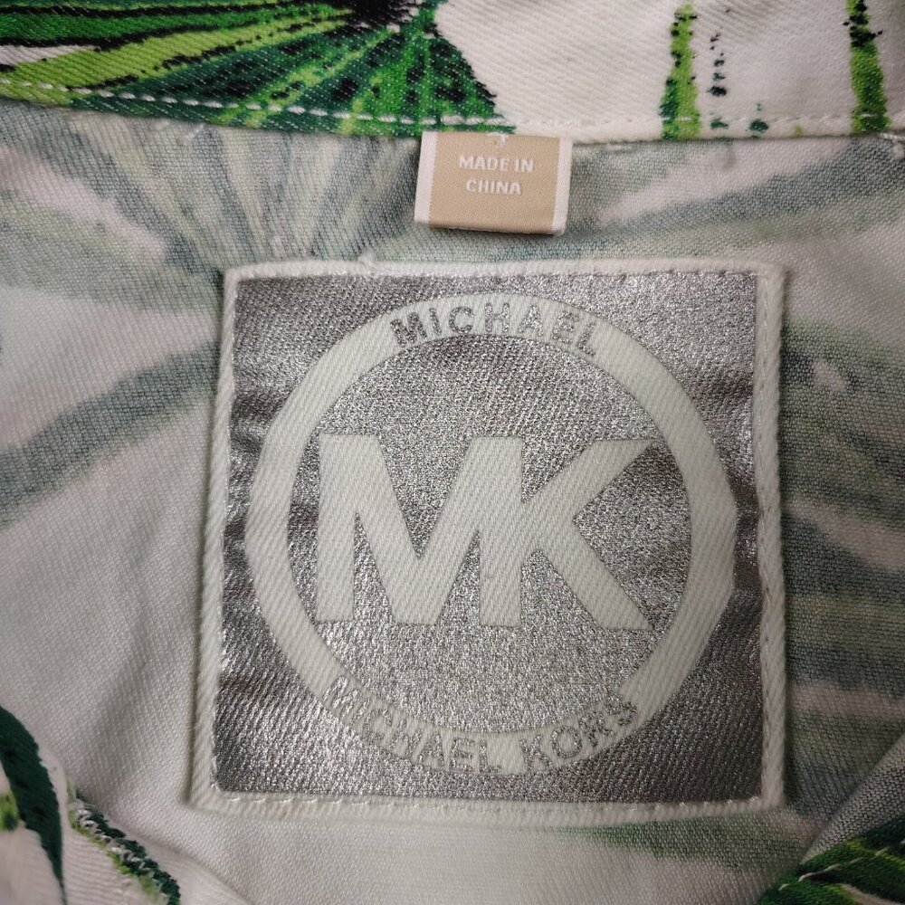 Michael Kors Denim Jacket Womens 4 White Green Palm Leaf Print - Picture 6 of 12